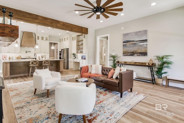 15132 Itea Dr, Foley, AL 36535 - living area featuring a ceiling fan, light wood-type flooring, recessed lighting, and beamed ceiling