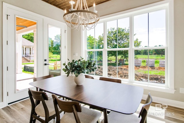 15132 Itea Dr, Foley, AL 36535 - dining space with healthy amount of natural light, light wood-style floors, a chandelier, and wood ceiling
