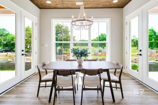 15132 Itea Dr, Foley, AL 36535 - dining room with wood ceiling, light wood-style floors, recessed lighting, a chandelier, and french doors