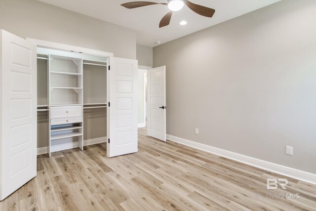 15132 Itea Dr, Foley, AL 36535 - unfurnished bedroom with light wood-style floors, recessed lighting, a closet, and ceiling fan