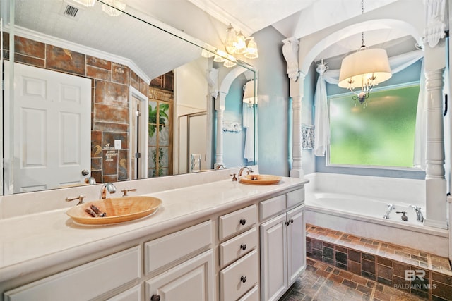 bathroom with lofted ceiling, vanity, shower with separate bathtub, and ornamental molding