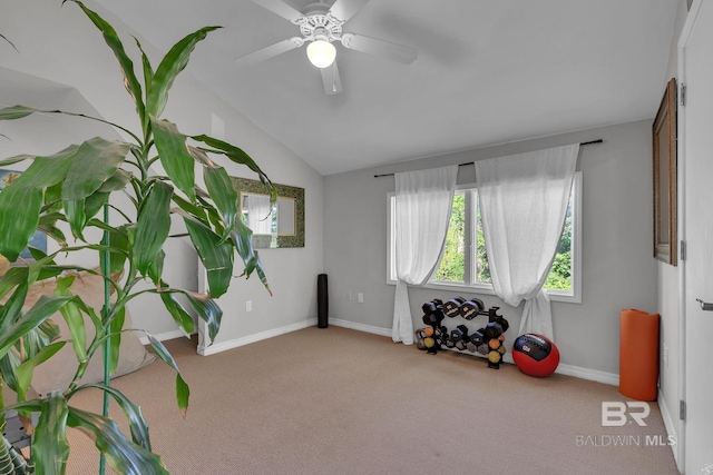 miscellaneous room with ceiling fan, light colored carpet, and vaulted ceiling