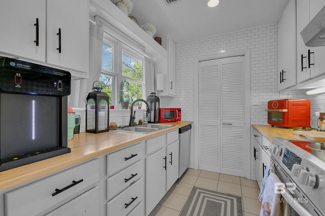 kitchen featuring white cabinets, appliances with stainless steel finishes, backsplash, and sink