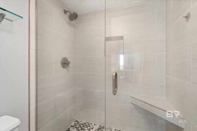 bathroom featuring toilet and a shower stall