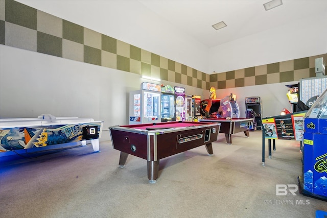 recreation room with carpet floors and billiards