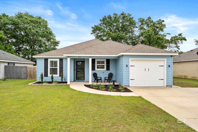 ranch-style home featuring fence, covered porch, a front yard, concrete driveway, and an attached garage
