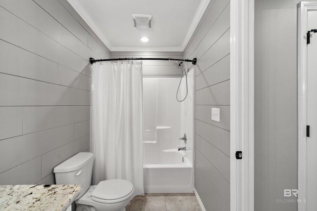 full bathroom featuring tile patterned flooring, ornamental molding, shower / tub combo, and toilet
