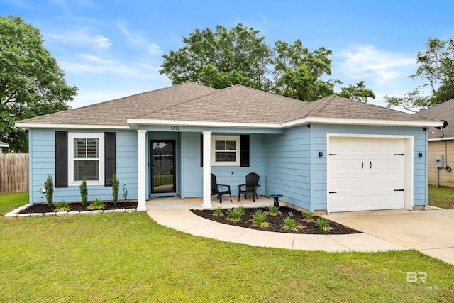 single story home featuring roof with shingles, a garage, a front yard, concrete driveway, and covered porch