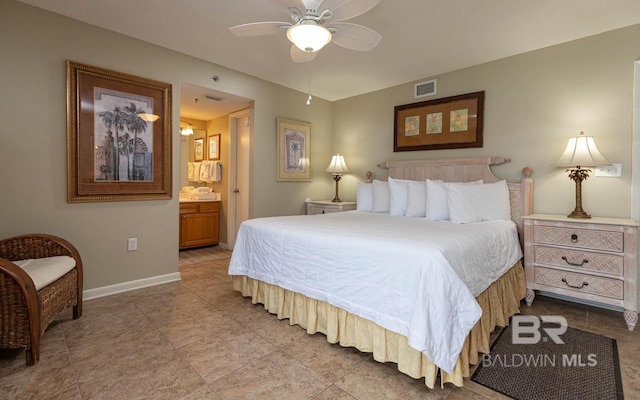 bedroom featuring tile patterned flooring, ensuite bathroom, and ceiling fan