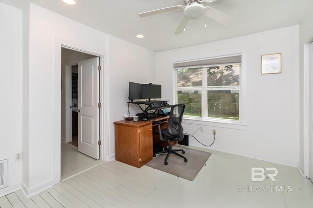 office area featuring ceiling fan and light wood-type flooring