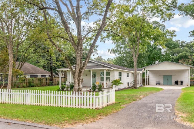 ranch-style house featuring a front lawn and a carport