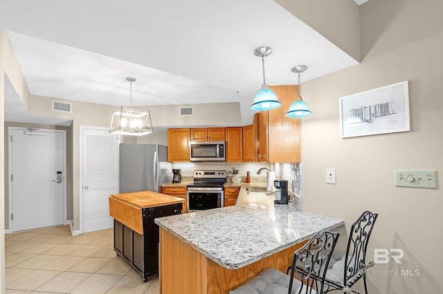 25020 Perdido Beach Blvd Unit 804B, Orange Beach, AL 36561 - kitchen featuring appliances with stainless steel finishes, sink, kitchen peninsula, and decorative light fixtures