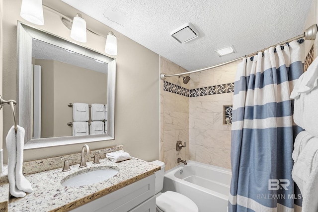 25020 Perdido Beach Blvd Unit 804B, Orange Beach, AL 36561 - full bathroom with vanity, shower / bathtub combination with curtain, a textured ceiling, and toilet