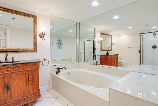 full bathroom featuring tile patterned flooring, vanity, toilet, and plus walk in shower