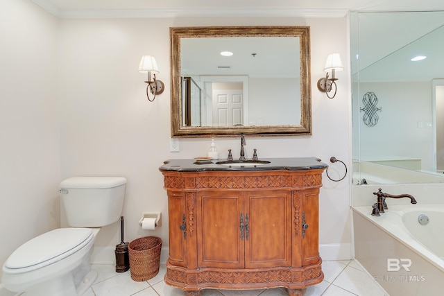 bathroom with vanity, a bathtub, tile patterned flooring, toilet, and ornamental molding