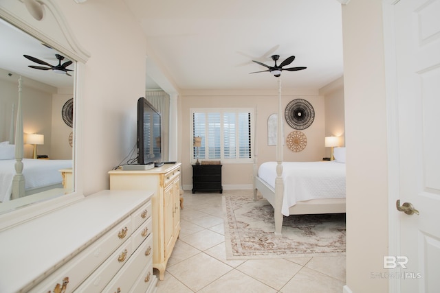 bedroom with light tile patterned floors and ceiling fan