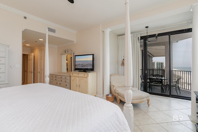 bedroom with light tile patterned flooring, access to exterior, ornamental molding, and ornate columns