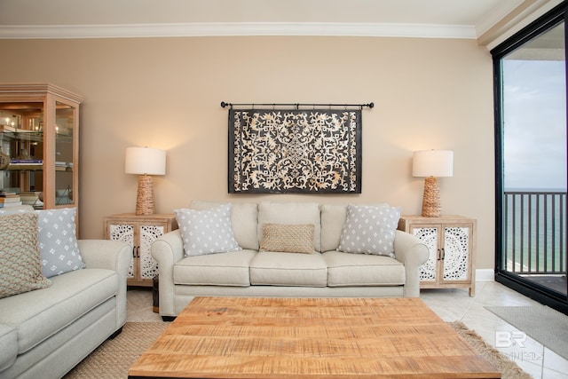 tiled living room with crown molding