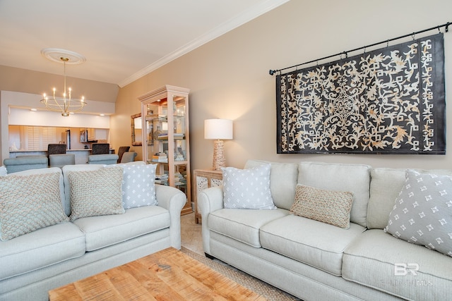 living room with carpet floors, crown molding, and an inviting chandelier