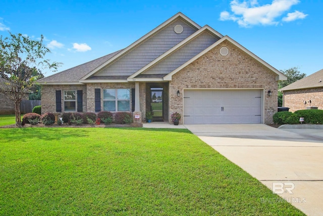 craftsman inspired home with a garage and a front lawn