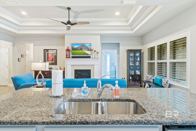 kitchen with stone counters, a tray ceiling, sink, and ceiling fan