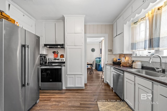 kitchen featuring sink, crown molding, appliances with stainless steel finishes, white cabinetry, and dark hardwood / wood-style flooring