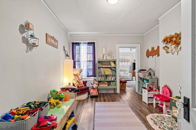 recreation room with crown molding and hardwood / wood-style flooring