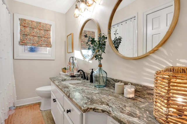 bathroom with wood-type flooring, vanity, and toilet