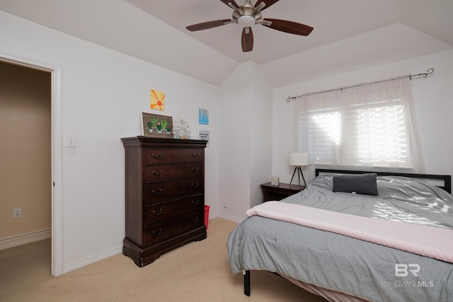 bedroom with ceiling fan and light colored carpet