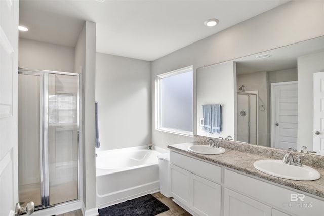 bathroom featuring vanity and independent shower and bath