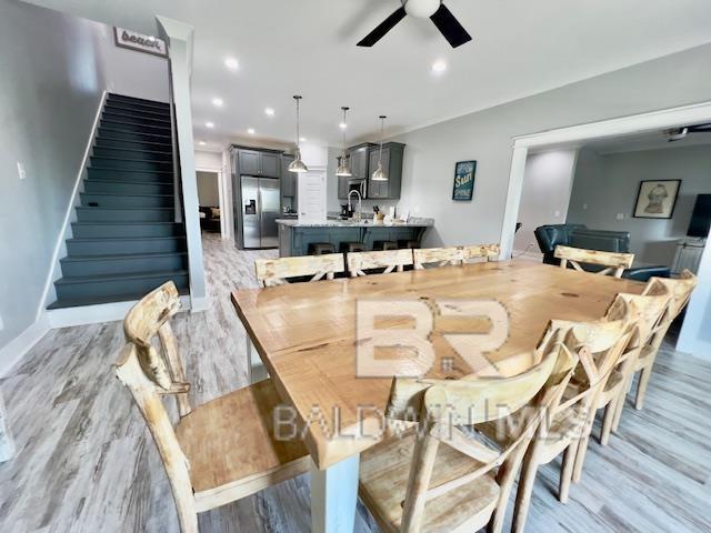 dining space featuring ceiling fan and light hardwood / wood-style flooring