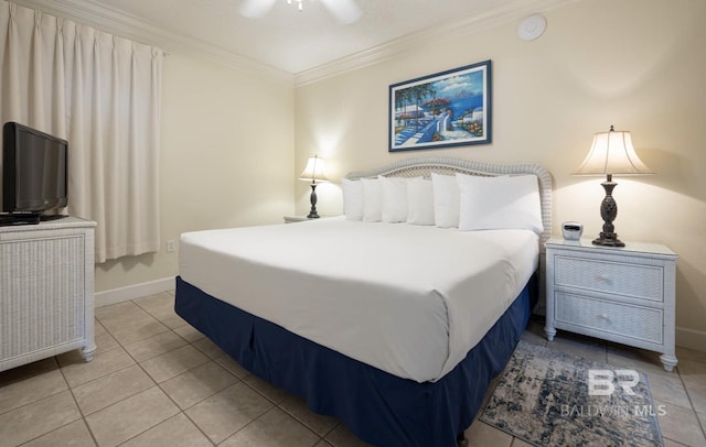 tiled bedroom featuring crown molding and ceiling fan