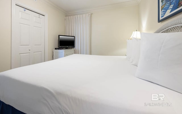 bedroom featuring ornamental molding and a closet