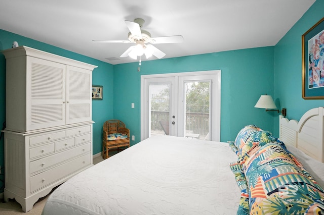 carpeted bedroom with access to outside, french doors, and a ceiling fan