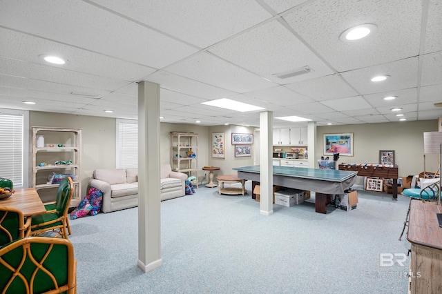 game room featuring carpet floors, recessed lighting, visible vents, and a paneled ceiling