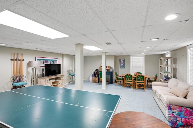 playroom featuring a paneled ceiling, carpet flooring, visible vents, and recessed lighting