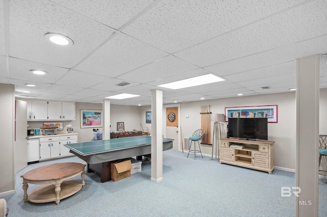 game room with light carpet, visible vents, baseboards, and recessed lighting