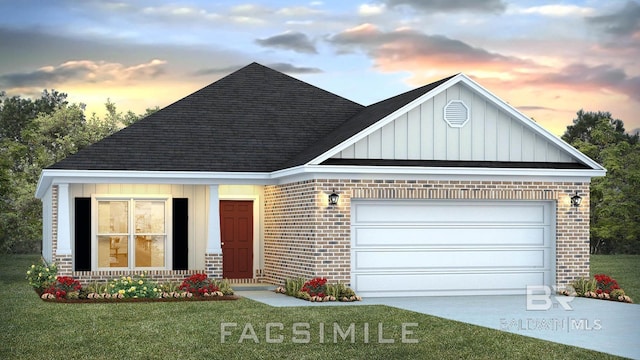 view of front facade with concrete driveway, an attached garage, a front lawn, board and batten siding, and brick siding