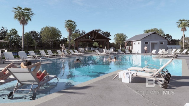 community pool with a gazebo, fence, an outdoor structure, and a patio