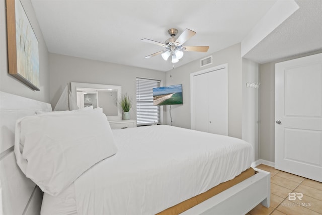 26802 Perdido Beach Blvd Unit 7C2, Orange Beach, AL 36561 - bedroom featuring a ceiling fan, light tile patterned flooring, and visible vents