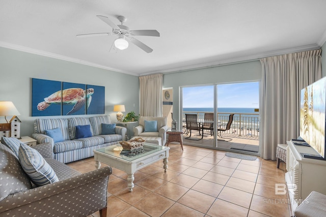 tiled living room featuring crown molding and ceiling fan