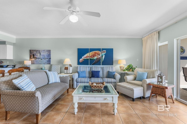 26200 Perdido Beach Blvd Unit 508, Orange Beach, AL 36561 - living room featuring crown molding, light tile patterned floors, and ceiling fan