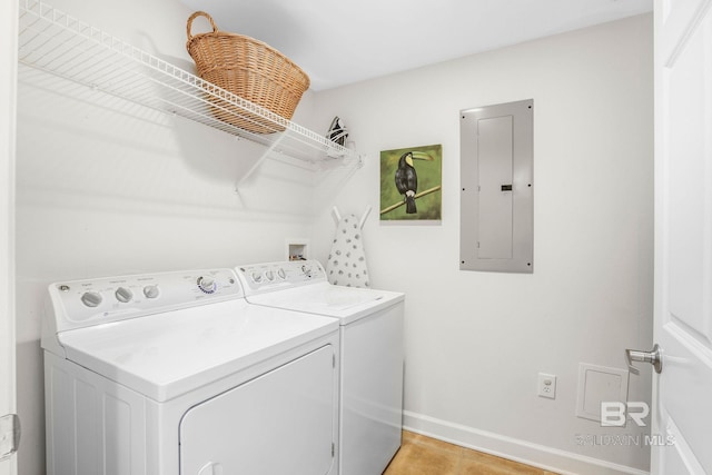 26200 Perdido Beach Blvd Unit 508, Orange Beach, AL 36561 - laundry room featuring laundry area, washing machine and dryer, baseboards, and electric panel