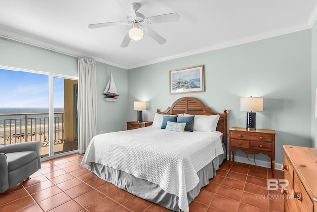 tiled bedroom featuring ornamental molding, a water view, ceiling fan, and access to outside