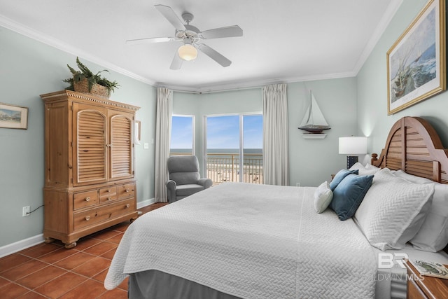 26200 Perdido Beach Blvd Unit 508, Orange Beach, AL 36561 - bedroom with crown molding, ceiling fan, dark tile patterned flooring, access to exterior, and baseboards