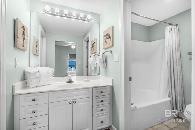 26200 Perdido Beach Blvd Unit 508, Orange Beach, AL 36561 - ensuite bathroom with shower / tub combo, vanity, tile patterned flooring, toilet, and ceiling fan