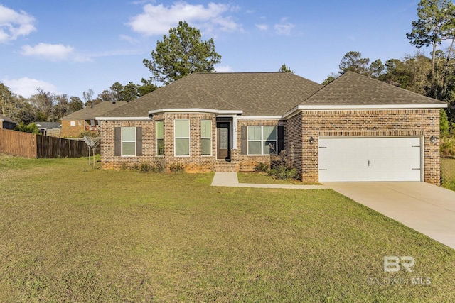 ranch-style house featuring fence, an attached garage, brick siding, a front yard, and driveway
