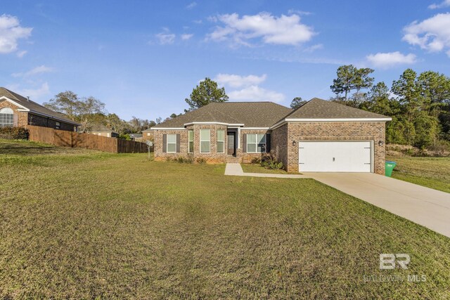 ranch-style house featuring a front lawn, fence, brick siding, concrete driveway, and an attached garage