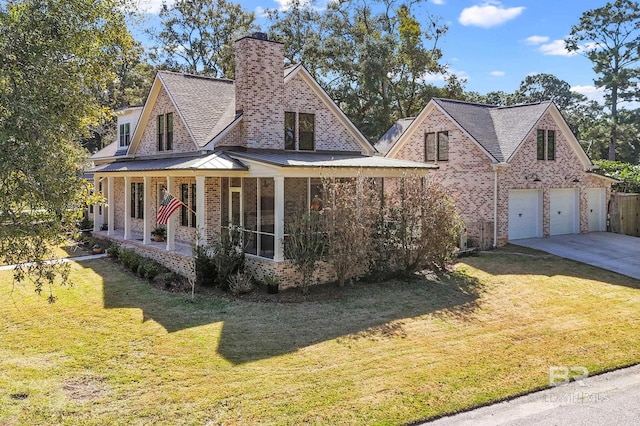 view of front facade featuring a porch, a front yard, driveway, and a chimney