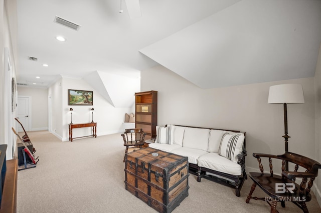 living room with baseboards, visible vents, light colored carpet, lofted ceiling, and recessed lighting